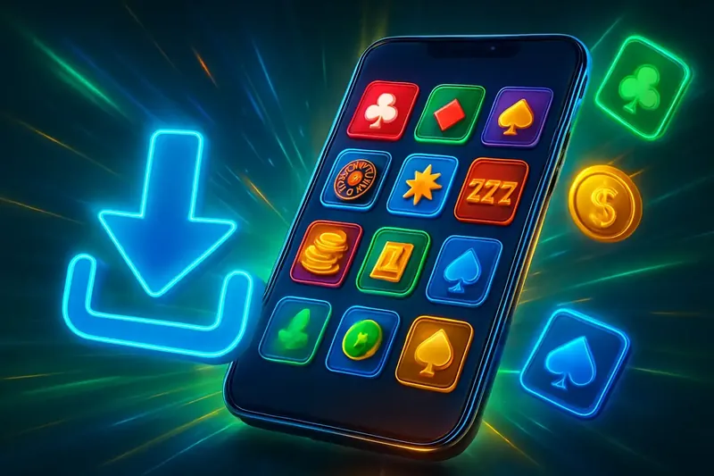 Glossy smartphone casino app banner with neon download effects