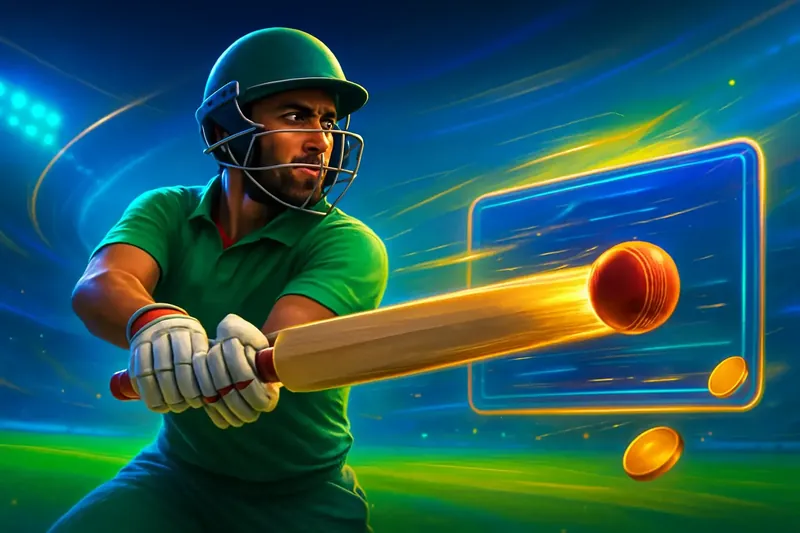 Cricket Sportsbook Action Cricket batter striking ball under stadium lights for sportsbook banner