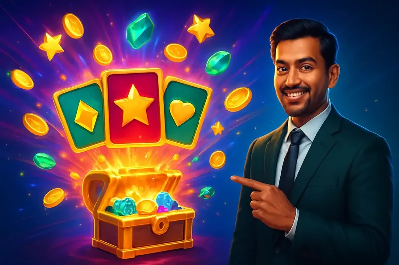 Reward Chest Burst Glowing reward chest with cards, coins, gems, and stars bursting out