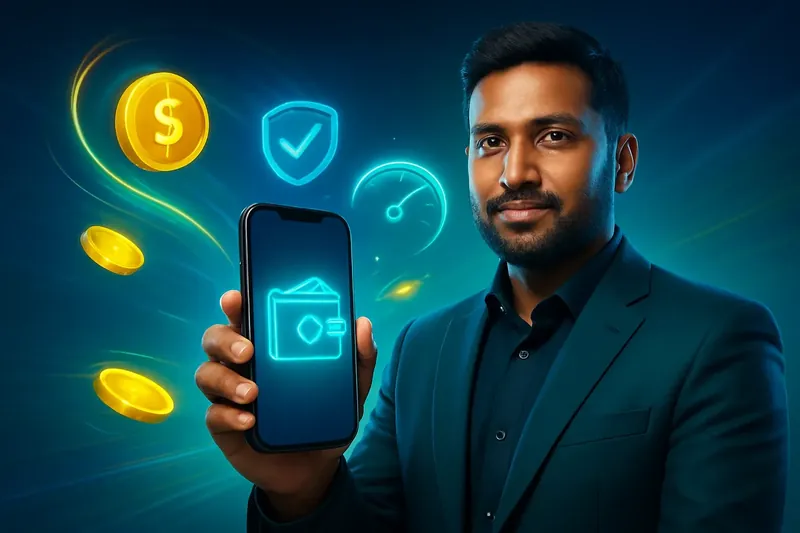 Hand holding smartphone with secure mobile wallet, coins, and speed light trails