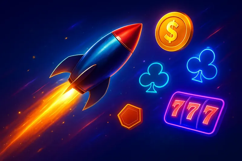 Rocket Crash Banner Glossy rocket launch casino banner with neon speed trails and game particles