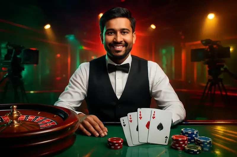 Friendly professional live dealer with roulette cards chips and studio lights