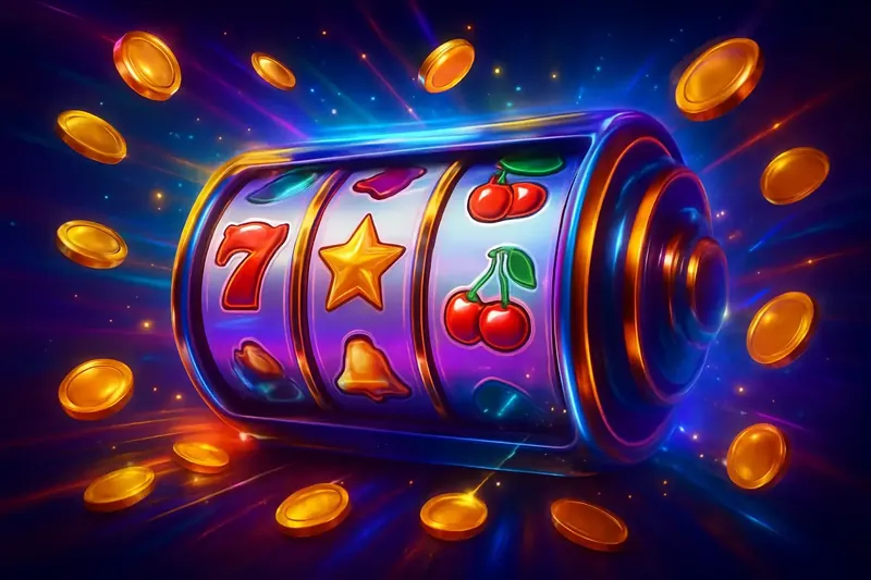 Explosive Slot Reels Colorful spinning slot machine with coins, sparkles, and neon casino glow